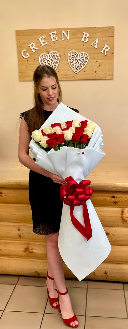 Red & White Roses — Signature Tiered Arrangement